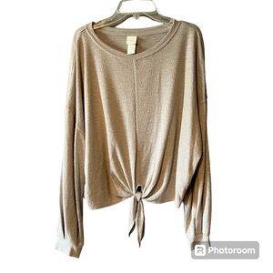 H&M Tie Front Long Sleeve Knit Top Beige Size Medium lightweight